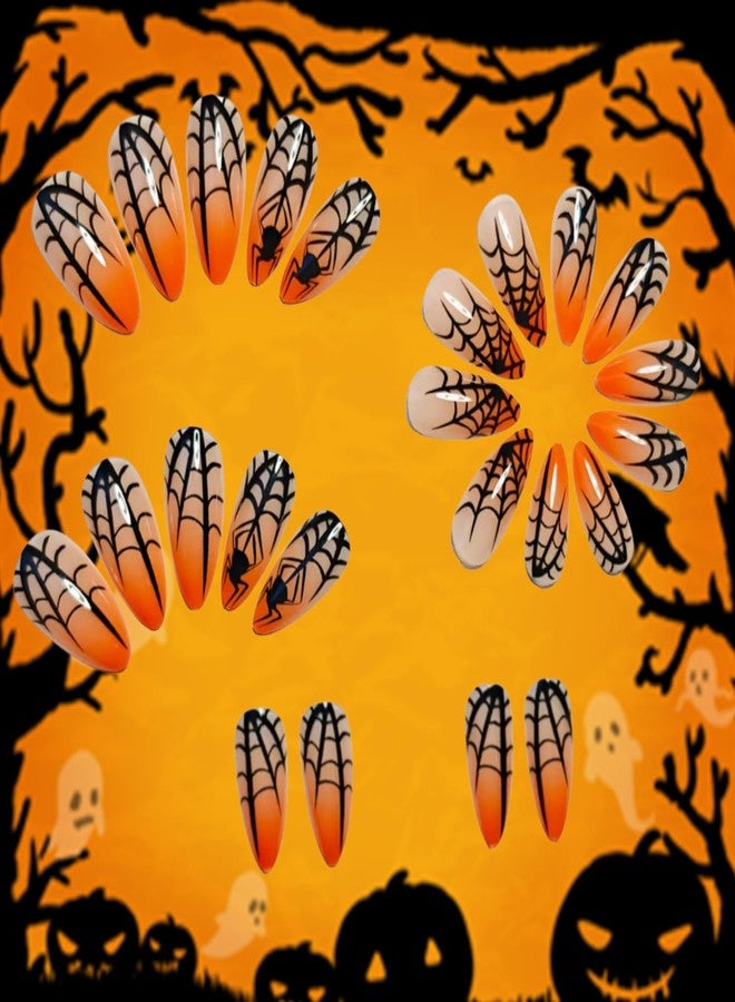 TBRZTR Hallowen Press on Nails Medium Almond Spider Web False Nail Full Cover Glossy Acrylic Artificial Fingernails Spider Pattern Halloween Nail Orange Gradient Press Ons Festival Stick on Nails for Women - Image 2